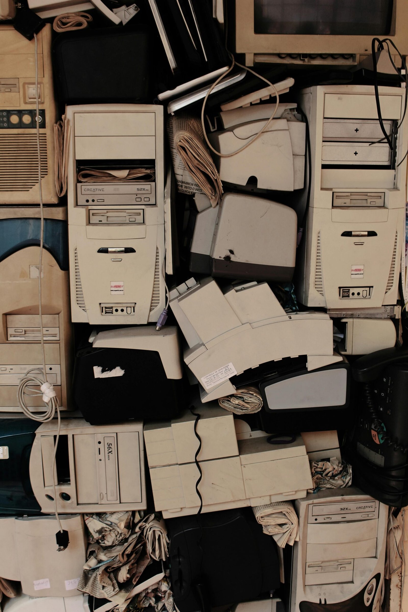 A collection of vintage computer components stacked together